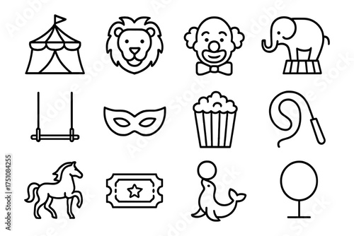 Circus icons collection: linear style with clown, animals, and more