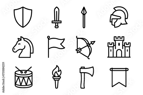 Medieval linear icons: weapons, armor, and symbols for design