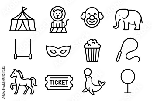 Circus icons set: minimalist outline style featuring tent, animals, and accessories