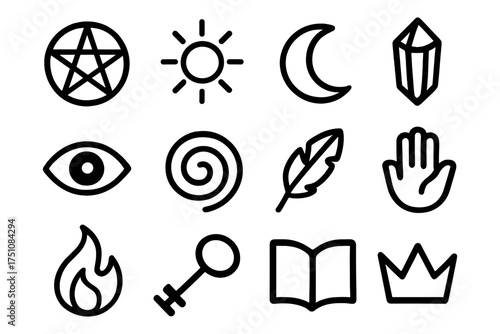 Mystical icons set: pentacle, sun, moon, crystal, and more in bold line art