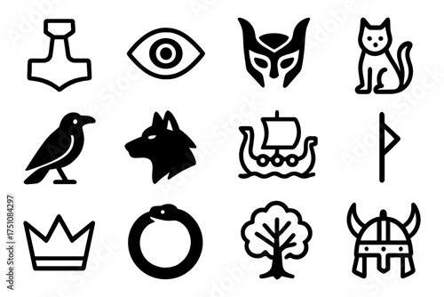 Modern norse mythology icons set with minimalist black silhouettes
