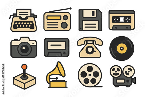 Retro tech icon set: vintage gadgets from typewriter to reel-to-reel tape