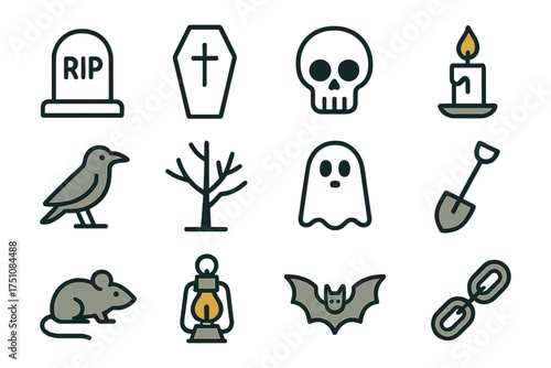 Halloween icon set: spooky symbols including skull, ghost, and tombstone