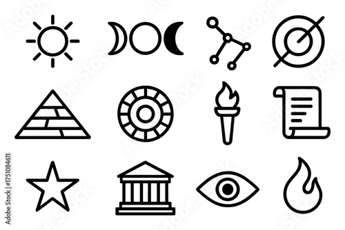 Linear icons of celestial, historical, and symbolic elements for design projects