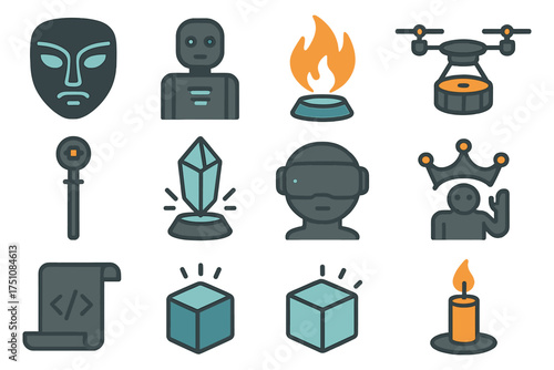 Futuristic icons set featuring robots, virtual reality, and technology elements in flat design