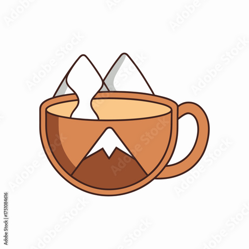 A delightful illustration of a coffee cup with a mountain design, , perfect for branding a cafe or coffee shop with a scenic theme