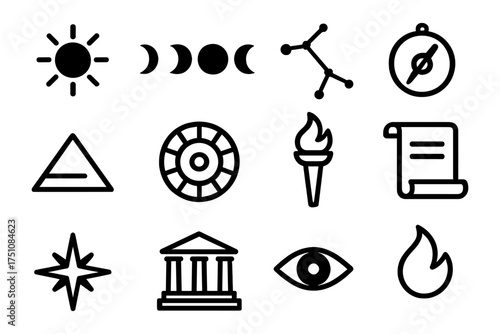Minimalist icons: celestial, navigation, and classical symbols