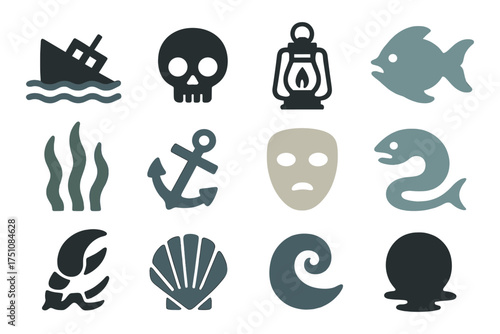 Nautical silhouette icons: marine, skull, anchor, and sea life collection