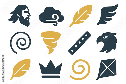 Mythical god and element icons in flat style with feathers and symbols