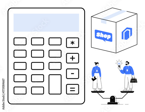 Calculator with retail package, two people balancing ideas and resources on scale. Ideal for e-commerce, budget planning, decision-making, retail strategy, financial management, teamwork, business