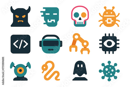 Flat style colorful icon set of monsters, robots, and cyber elements for halloween and tech themes