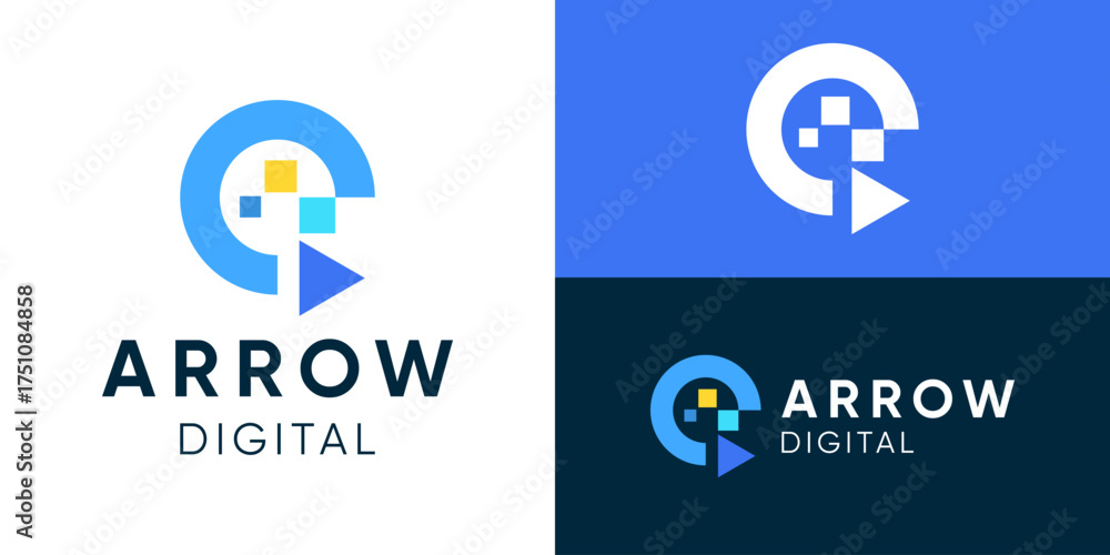 Obraz premium Creative modern digital arrow logo template. Simple circle arrow with digital symbol logo design vector illustration.