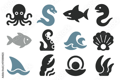 Marine life icons: simple ocean creatures with minimalist design