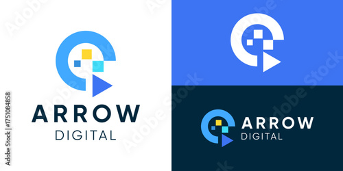 Creative modern digital arrow logo template. Simple circle arrow with digital symbol logo design vector illustration.