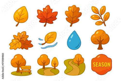 Colorful autumn elements collection with leaves and trees for seasonal design