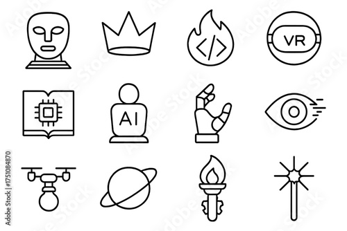 Linear symbols of technology and innovation including vr, ai, and robotics