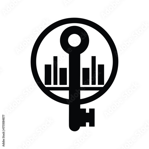 Security key with data bars logo, symbolizing data encryption, cybersecurity, and secure access to information and digital assets