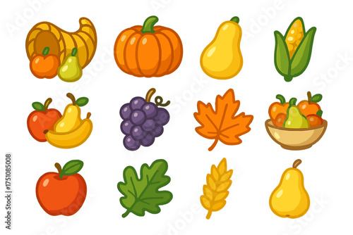 Autumn harvest icons: pumpkin, cornucopia, pears, grapes, and more