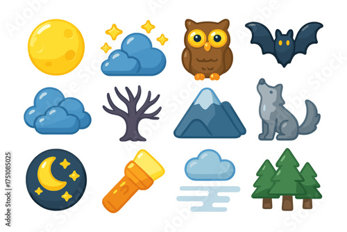 Cute cartoon night scene with owl, moon, clouds, and wolf elements