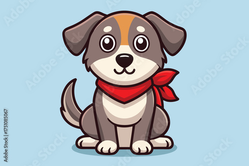 Cute cartoon puppy dog wearing a red bandana sitting and looking forward