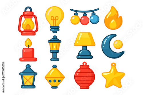 Colorful cartoon lanterns and lights collection with star and moon elements