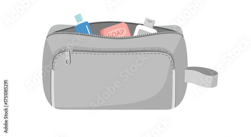 Gray toiletries bag with soap, shampoo and conditioner ready for travel in detailed digital illustration