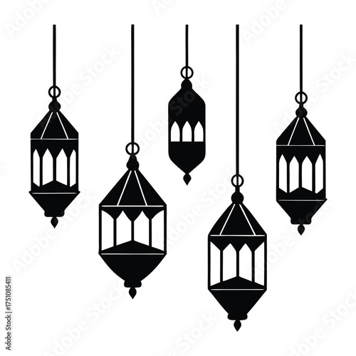 Hanging Lanterns and Diyas Diwali Vector Silhouette