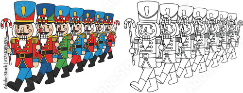 Marching Nutcracker Toy Soldiers in Full Color and Outline for Holiday Decorations and Christmas Designs