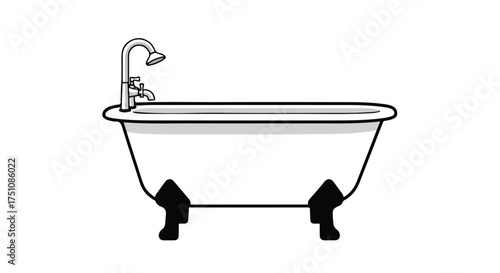 Stylized Bathtub Illustration with Vintage Claw Feet and Plumbing Fixtures on White Backdrop