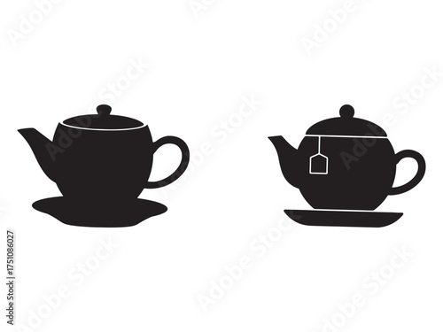 Elegant Teapot Silhouettes on Saucers Black and White Design for Tea Lovers and Herbal Infusion Drinkers