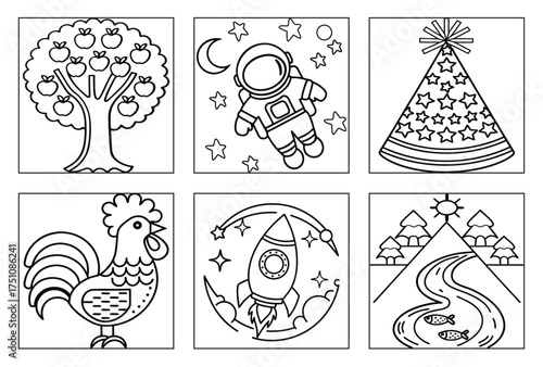 Kid-friendly coloring pages featuring apple tree, astronaut in space, festive cone, proud rooster, rocket launch, and mountain river landscapes
