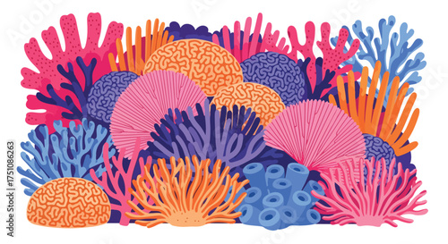 Vibrant Underwater Scene: An Artistic Depiction of Diverse Coral Reef Ecosystems and Colorful Marine Life Habitats