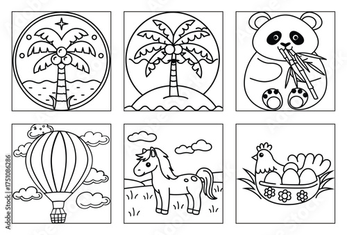 Collection of coloring page designs for kids featuring tropical palm trees, adorable panda eating bamboo, hot air balloon, cute horse, and hen with eggs in nest
