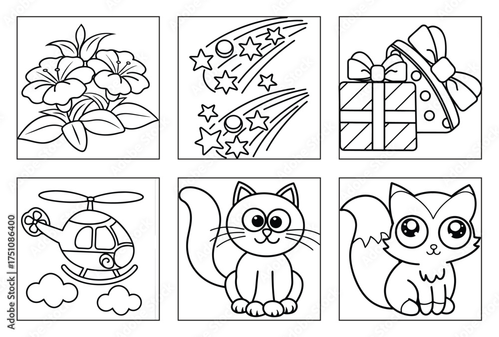 Naklejka premium coloring page outline illustrations including blooming flowers, shooting stars, wrapped gifts, a helicopter, a cute sitting cat, and an adorable fox.