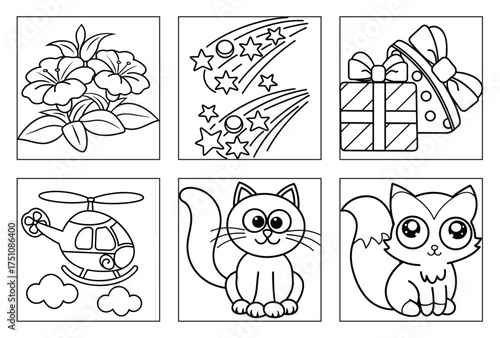 coloring page outline illustrations including blooming flowers, shooting stars, wrapped gifts, a helicopter, a cute sitting cat, and an adorable fox.