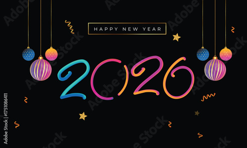 happy new year 2026 celebration with ornaments and stars