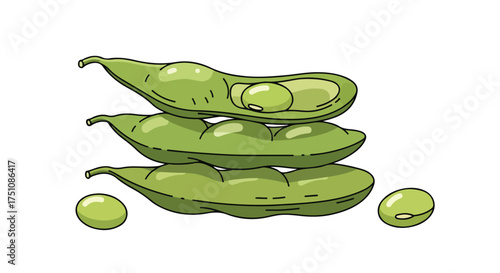 Illustration showcasing stacked edamame pods, with a vibrant green color palette on a clean white backdrop presenting freshness and simplicity
