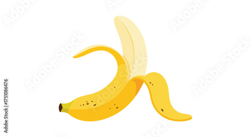 Whimsical vector art illustration of a vibrant yellow partially peeled banana set against a clean white background creating a playful and inviting