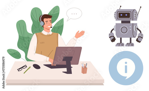 Smiling customer service agent wearing headset, gesturing at a robot assistant beside an info icon. Ideal for AI, customer support, collaboration, automation, technology, teamwork innovation. Simple