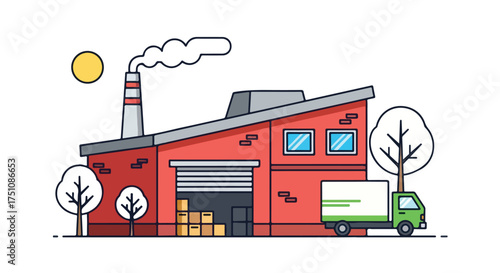 Stylized factory dispatching goods with a truck under a bright sun and surrounded by greenery delivering logistics solutions in an illustrative style