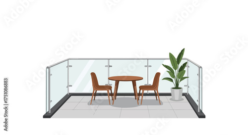 Minimalist balcony with round wooden table, chairs, potted plant and transparent glass railing, a cozy urban terrace setting perfect for relaxation