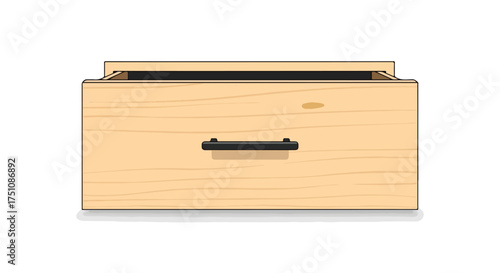 Open light wooden drawer with visible wood grain and dark handle on a white background showcasing storage capabilities illustrating simple furniture
