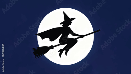 Illustration Of A Witch Girl Flying On A Broom, Full Moon Background Vector Design Template