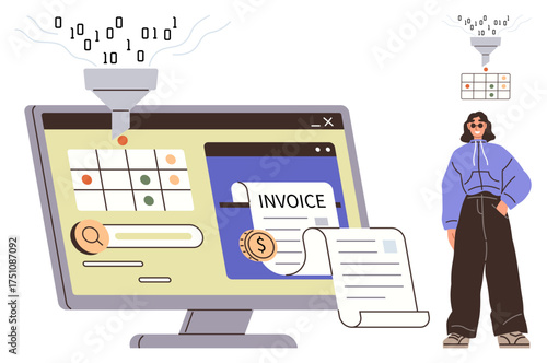 Monitor displaying data filtering funnel and invoice management interface with a person standing nearby. Ideal for finance, automation, technology, data analysis, digital workflow, productivity
