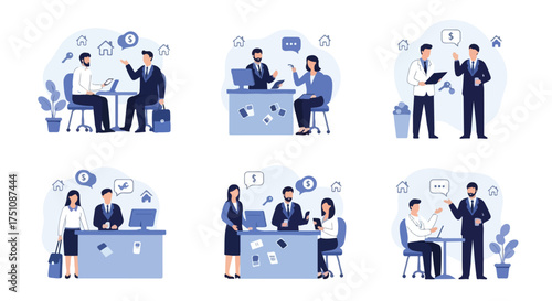 Diverse Business Interactions and Real Estate Consultations Portrayed in Modern Vector Graphics