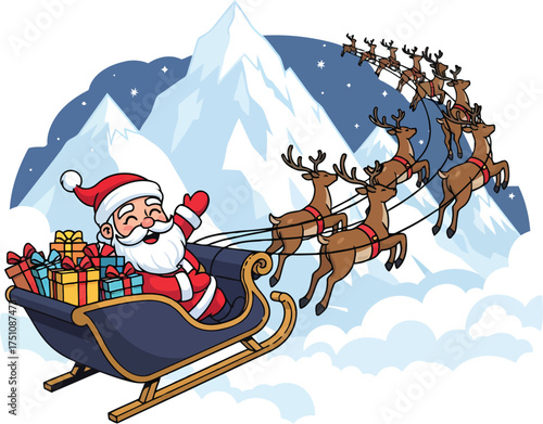 An iconic holiday image rendered in cartoon style, showcasing Santa and his sleigh, packed with gifts, being propelled by energetic reindeer through the sky