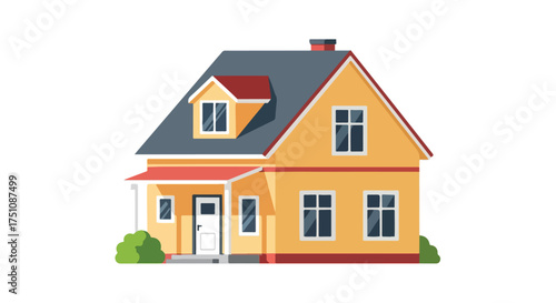 Charming two-story house with vibrant yellow walls and inviting red accents in an adorable illustration style