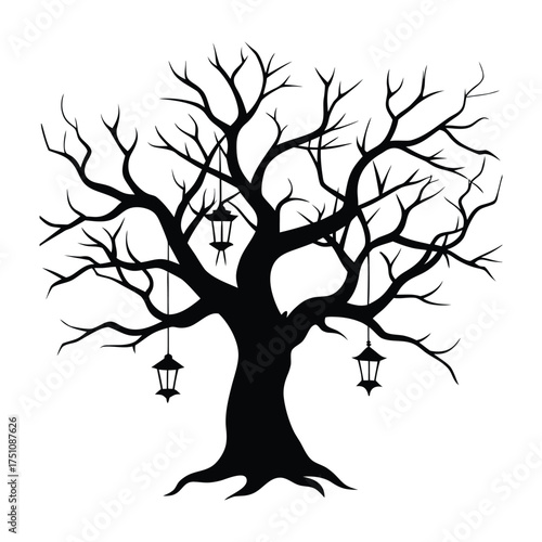 Haunted Tree with Lanterns and Cobwebs Silhouette Illustration