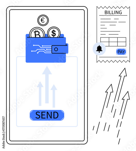 Digital wallet with coins, send button, arrows representing transaction, billing receipt with pay button. Ideal for finance, online payment, invoicing, transactions, digital wallet e-commerce