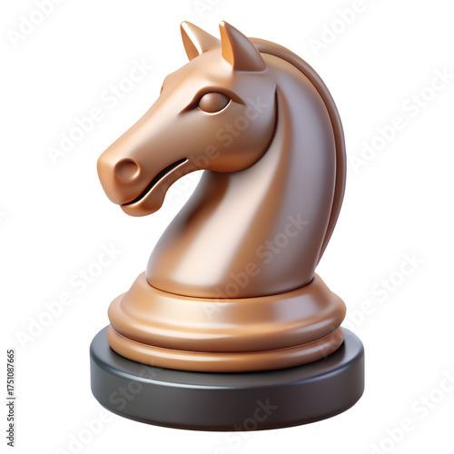 3D glossy brown knight chess piece with black base representing strategy intelligence planning and competitive board games